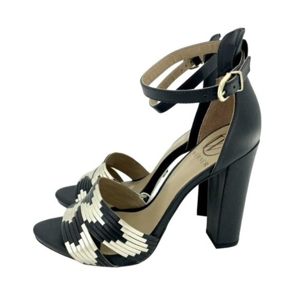 Werner Black and Gold Sandals Block Heel Ankle Strap Shoes SZ 38 EU 7 US New